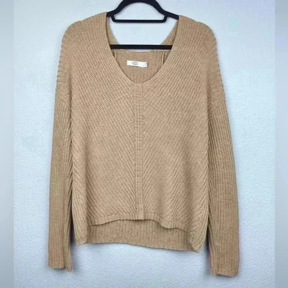 UGG Women's XS Camel Criss V-Neck Pullover Sweater Relaxed Cotton Casual Lounge - Picture 2 of 13